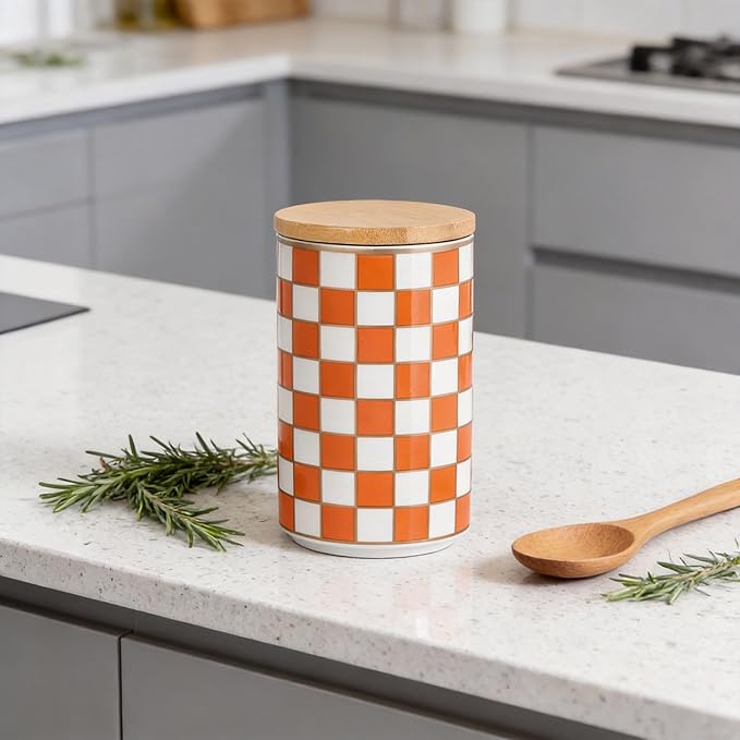 Kitchen Countertop Ceramic Checkered Canisters,Black And White Food Storage Containers With Lid,Airtight Kitchen Canisters for Flour, Sugar, Coffee, Tea, and Dry Goods (Orange, Large)