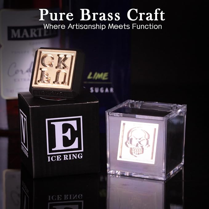 Square Ice Stamp Ring – 3 mm Brass Personalized Cube & Sphere Press, Ready-to-Gift Clear Acrylic Christmas Box, Custom Letter/Pattern Imprint for Whiskey & Cocktails (Letter Dollar)