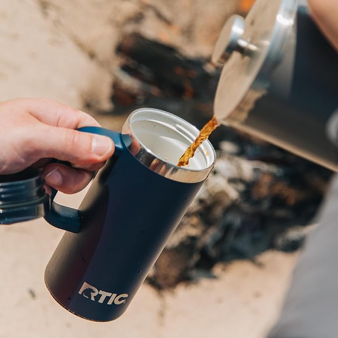 RTIC 16oz Road Trip Travel Mug with Lid and Handle, Insulated, Stainless Steel, Metal, Double Wall Vacuum-Insulation, Ceramic Lined, Portable Coffee, Tea Cup for Hot and Cold Drink, Denim