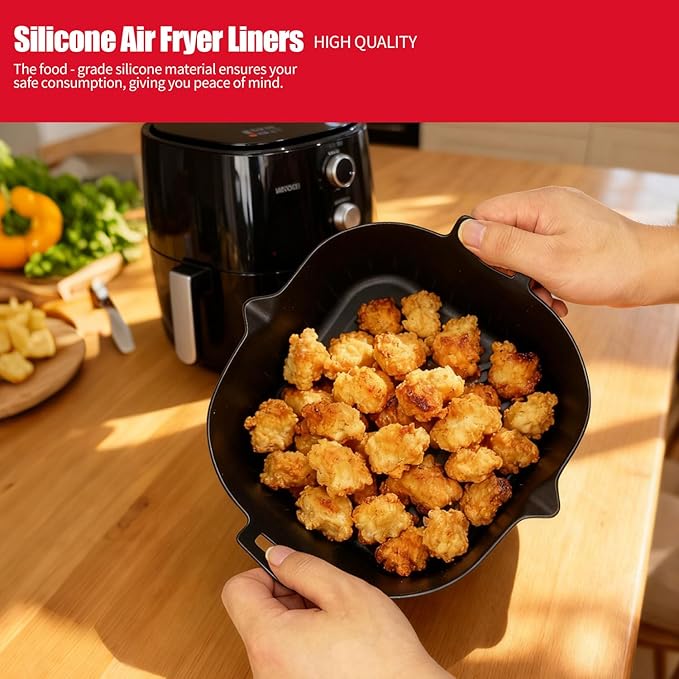 Square Silicone Air Fryer Liners 2 Pack, Heavyweight and thickened 7 Inch Air Fryer Liners,Reusable Silicone Basket, Air Fryer Accessories(Black&Blue)