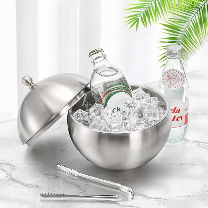 Yesland Ice Bucket with Lid, Double Insulation Ice Box Container Storage Box, 2 L Stainless Steel Ice Bucket Container with Ice Tong Scooper, Spherical Wine Champagne Barrel for Home Party Bar