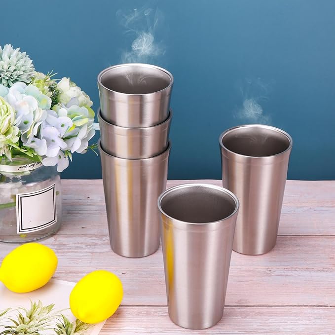Zopeal Stainless Steel Cups 16 Oz, Double Wall Vacuum Pint Cup Tumbler, Stackable Metal Unbreakable Drinking Glasses for Home and Outdoor(Silver,8 Pcs)