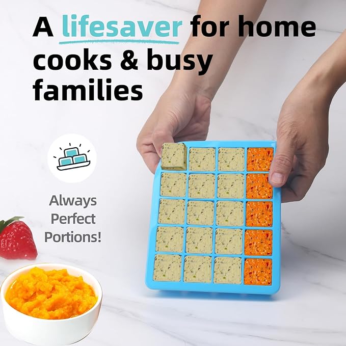 1/2-Cup & 1 Tbsp Silicone Freezer Molds - Perfect for Storing Garlic, Herbs, Ginger, Pesto, Tomato Paste, Freezing Soup,Stews,Sauces,Purees and More - Silicone Food Freezer Tray (Blue 4 Pack)