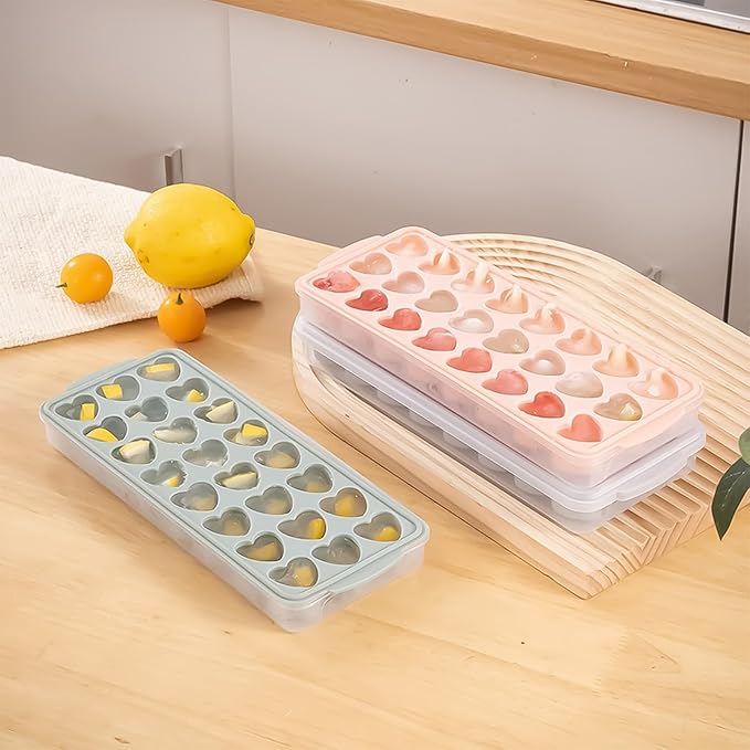 2 Pack Heart-Shaped Ice Cube Trays with lid and bin - 48 Holes Silicone Mini Heart Ice Cube Tray, BPA Free and Dishwasher Safe, Heart Shape Ice Cube Mold, Easy to Remove (2 pink with Lids & Bins)