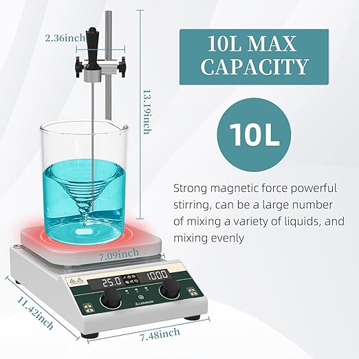 10L Capacity Magnetic Stirrer Hot Plate,350°C Heating & 2000 RPM, Includes Temp Probe and Stir Bar, Large 7.1" Square Hotplate