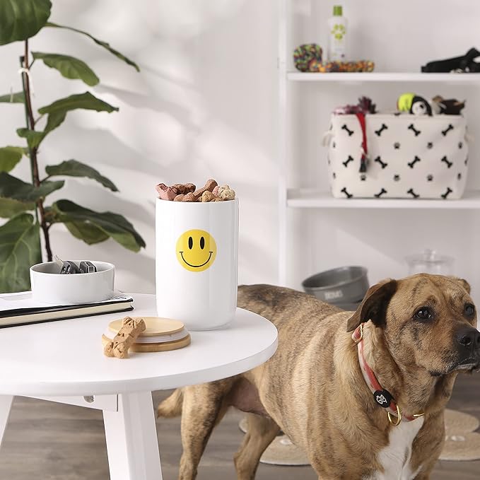 Bone Dry Ceramic Pet Treat Canister with Bamboo Lid, Dishwasher Safe, Countertop Storage, Keep Dog & Cat Treats Safe & Dry, 4x6.5", Smiley Face