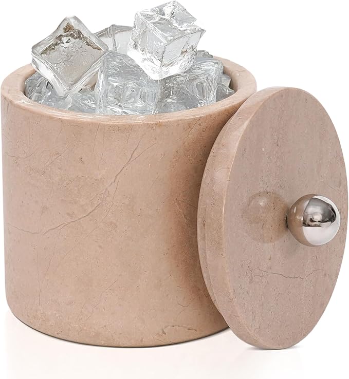 Ice Bucket Marble with Lid 6 Inch Natural Brown Stone Wine & Champagne Chiller Small Ice Container for Parties Drink Cooler for Home Bar And Earth Day Decoration