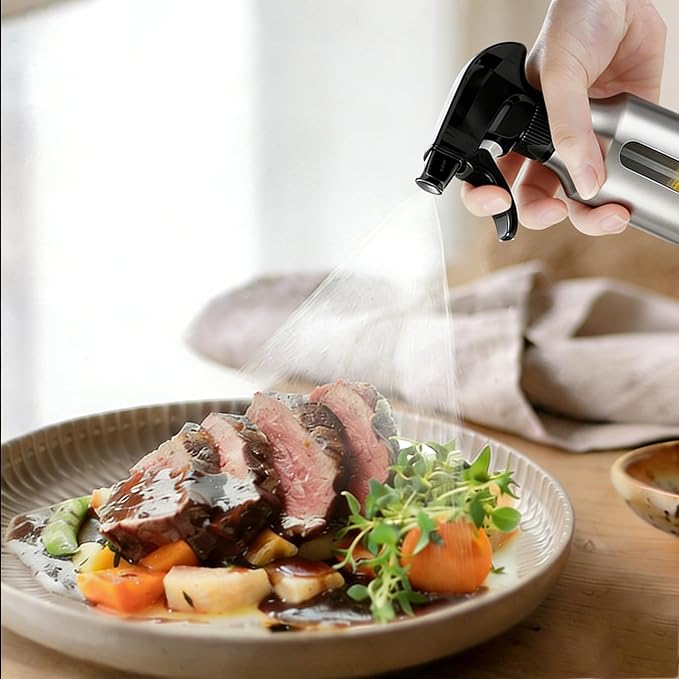 Oil Sprayer for Cooking 180ml, Olive Oil Mister with Fine Mist Trigger, Stainless Steel Refillable Glass Dispenser Bottle 6.35oz for Air Fryer BBQ Salad & Baking (Silver Gray+Stainless Steel)