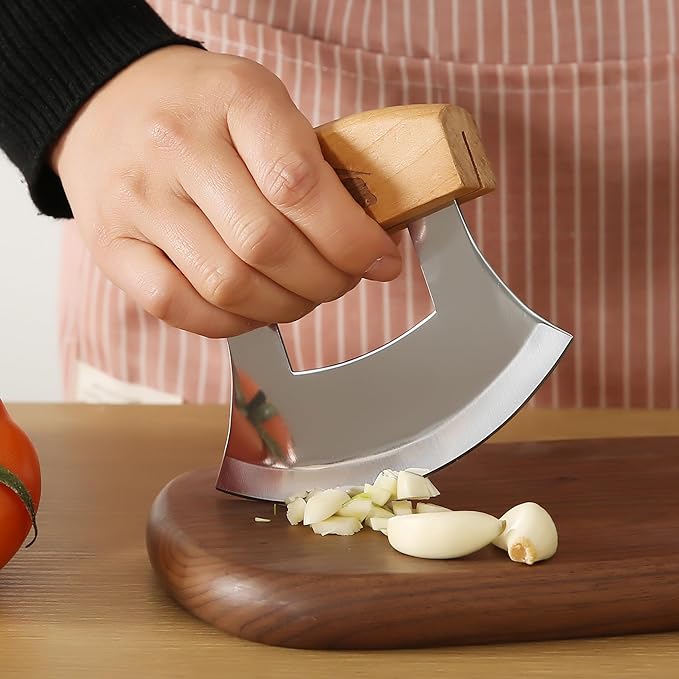 Alaskan Ulu Knives Pizza Cutter Chopper Slicer for Salad Vegetables Meat Chopping Mincing with Wooden Stand Arthritic Tool 5x4in (2)