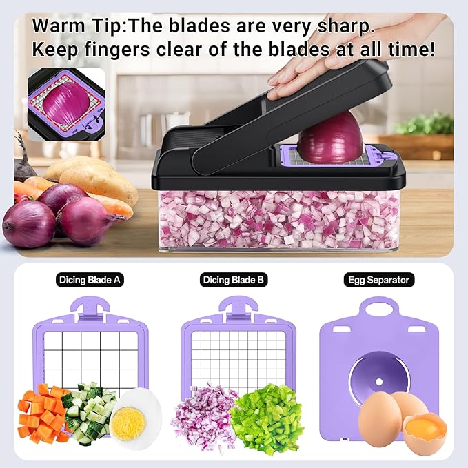 SpaceHacks 12-in-1 Vegetable Chopper, Kitchen Gadgets with 10 Blades, Veggie, Food, Onion Chopper, Cucumber Slicer, Versatile Mandoline, Includes Egg Separator & Finger Guard, Purple
