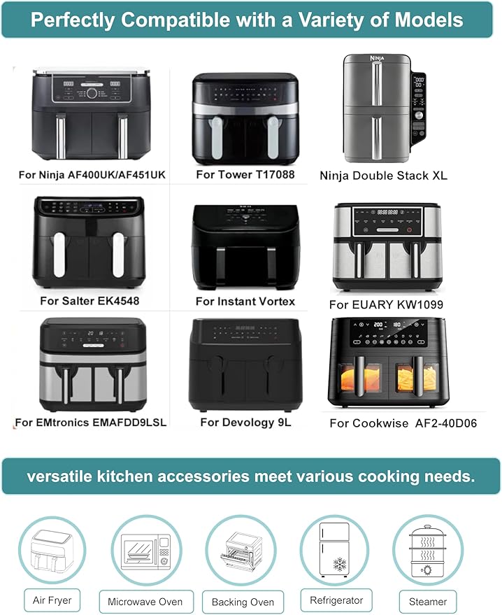Szyeequoo Silicone Air Fryer Liners 2 Pack for Ninja Dual Zone, 1 Perforated and 1 Solid, Rectangle Reusable Liners for DZ201 DZ401 DZ550 DZ302, COSORI 9QT Instant Chefman Dual Basket Air Fryers