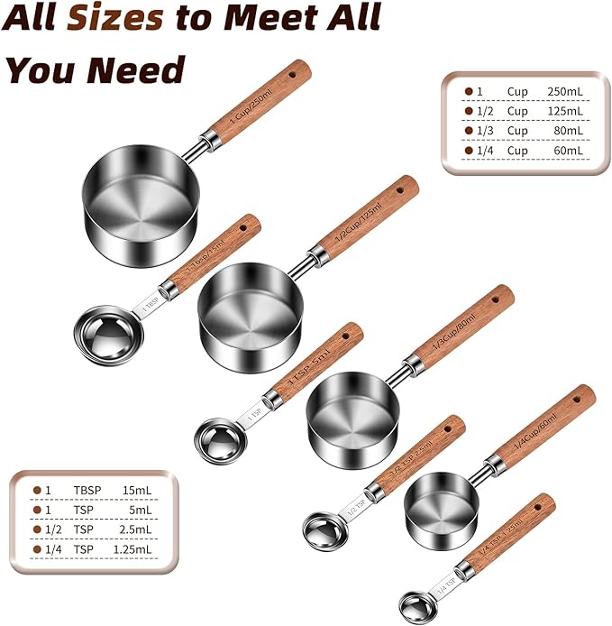 Stainless Steel Measuring Cups and Spoons Set of 8, Stackable Wooden Handle Metal Measuring Cup & Spoon Set with Metric & US Measurements, Rustic Farmhouse Kitchen Gadgets for Dry & Liquid Ingredients