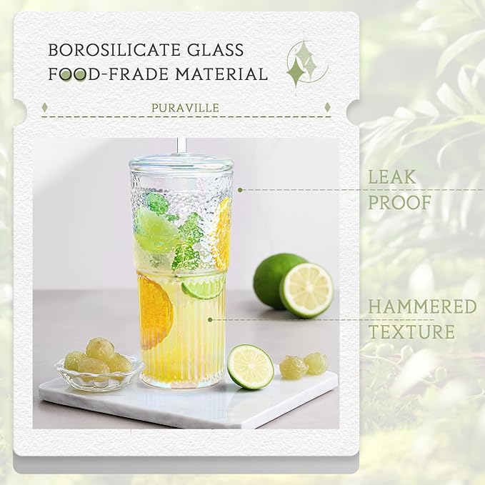 Puraville 2 Pack 20oz Glass Gups with lids and Straws, High borosilicate Reusable Iced Coffee Cup Tumbler, Leak Proof Driking Glass Mug for Water, Juices, Cocktails, Rainbow