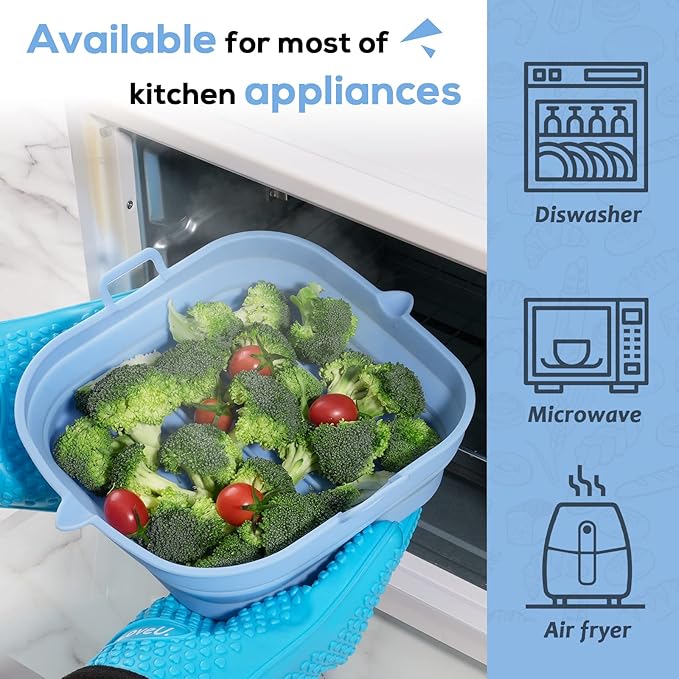 Silicone Air Fryer Liners Square - Reusable Airfryer Collapsible Basket - Easy to Clean Air Fryers Pot for 5.8 to 8 Qt Baking Tray Oven Accessories, 8.5 Inch Large
