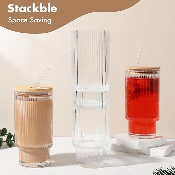 Glass Cups with Bamboo Lids and Straws - 16 oz Reusable Iced Coffee Cups, Vintage Ribbed Drinking Glasses, To Go Tumbler for Juice, Beer, Coffee, Milk, Cocktail, Water (2 Pack)