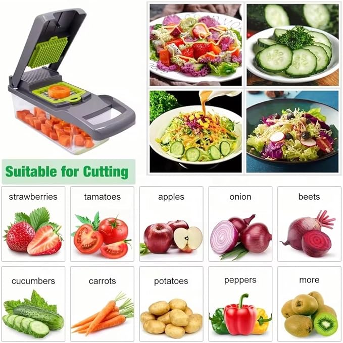 16-in-1 Vegetable Chopper with Container, Onion Chopper & Mandoline Slicer, Veggie Cutter Food Dicer for Onion, Potato & Tomato, BPA-Free Kitchen Gadgets Vegetable Cutter