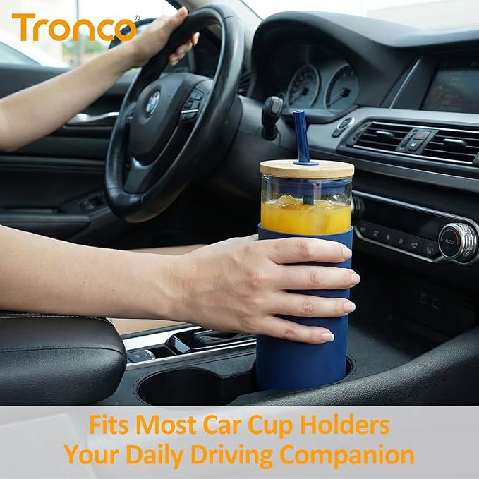 Tronco 16 oz Glass Tumbler with Lids and Straw, Reusable Iced Coffee Cup & Smoothie Cup with Bamboo Lid, Silicone Sleeve, Dishwasher Safe, BPA-Free Borosilicate Glass, 1 Pack