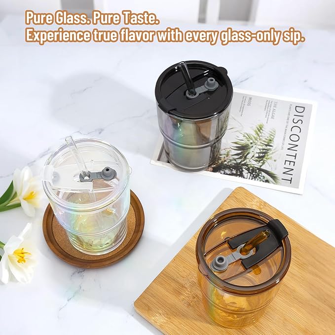 13 oz Glass Tumbler with Glass Straw and Lid, Leak-Proof Reusable Travel Cup for Iced Coffee, Tea, Matcha, Fruit Juice – Thick Wall Clear Water Bottle (Iridescent Shimmer, 4 Pack)