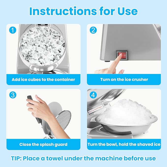Four Blades 226lbs/hr Electric Ice Crusher, 300W Ice Shaver, 2200 RPM Shaved Ice Machine with Extra Blade and Ice Pick for Home and Commercial Use, ETL-Listed, Silver