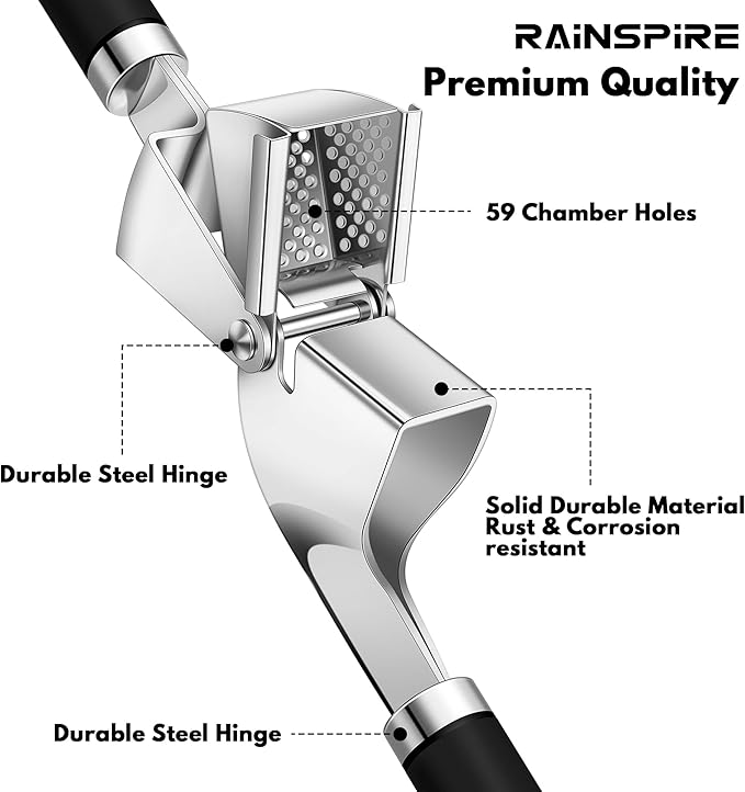 Rainspire Premium Garlic Press Stainless Steel, Garlic Mincer Tool, Garlic Crusher Tool, Garlic Smasher Garlic Masher Includes Silicone Garlic Peeler & Cleaning Brush, Dishwasher Safe (Black)
