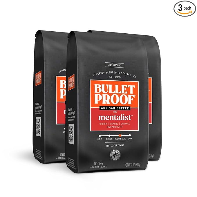 Bulletproof The Mentalist Medium-Dark Roast Ground Coffee, 12 Ounces (Pack of 3), 100% Arabica Beans, Clean Coffee Tested for Toxins