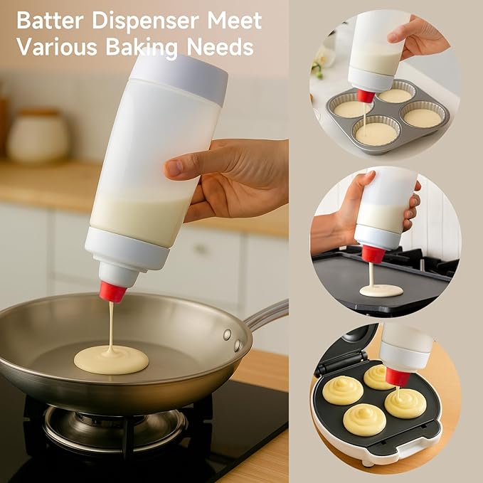 Pancake Batter Dispenser,Batter Dispenser and Mixer with BlenderBall Wire Whisk, Pancake Batter Dispenser Bottle for Pancakes, Crepes, Waffle, Muffins, Cupcakes