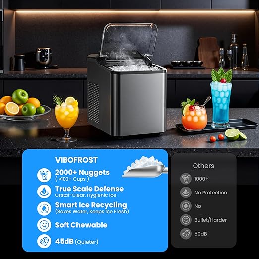 VIBOFROST Nugget Ice Maker Countertop – Premium Stainless Steel, Chewable Sonic Ice, 2000+ Ice Pellets Daily, Ready in 6-10 Minutes, Self-Cleaning & Innovative Anti-Scale System (Grey)