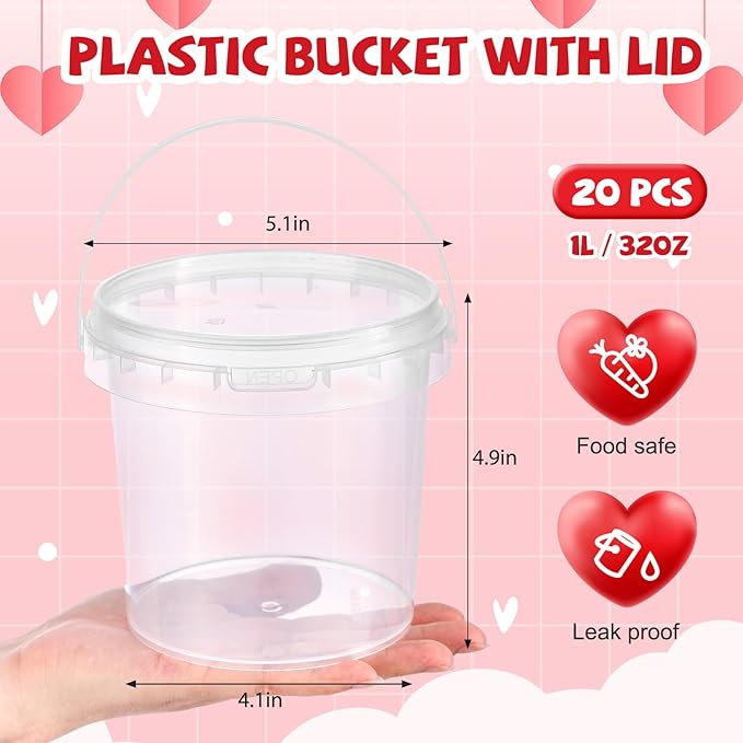 PerKoop 20 Pcs 32 oz Ice Cream Buckets with Lids and Handles Clear Cocktail Rum Buckets with Stickers Plastic Transparent Tub Reusable Food Storage Containers for Parties(Valentines)