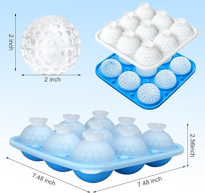 Sidosir 2" Large Golf Ice Cube Ball Silicone Molds with Lid, 9-Cavity 3D Golf Gifts Ball Ice Maker Mold for Whiskey and Cocktails