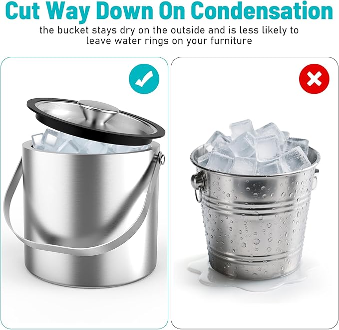 3L Stainless Steel Ice Bucket, Double Wall Insulated Ice Bucket with Lid, Drain Plate, Scoop, Tong for Parties Cocktail Bar