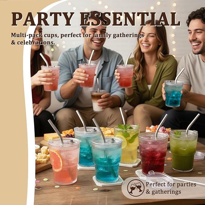 6 Packs Ribbed Glass Tumbler with Lid and Straw Ice Coffee Cup Employee Christmas Appreciation Gift Idea Bulk Team Boss End Year Work Office Staff Coworker Team Group Colleague Teamwork Thank You