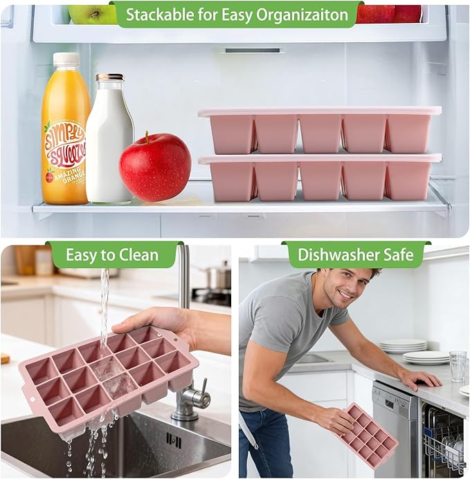 Silicone Ice Cube Tray with Locks Lids, Easy Release Flexible 15 Square Ice Trays for Freezer, Stackable & Reusable Ice Cube Mold for Whiskey, Cocktails, Baby Food, BPA Free, 2 Pack (Pink)