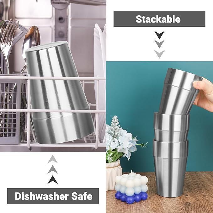 Metal Cups For Drinking, 16 oz Insulated Tumbler, 4 Pack Double Wall Unbreakable Stackable Water Tumblers Insulated Stainless Steel Cups Premium Glasses for Travel Camping Home Outdoor
