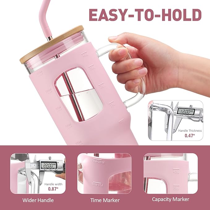 WINSA Glass Tumbler with Straw and Lid, 40 oz glass cup with handle, Glass Water Bottles with Time Marker, Silicone Protective Sleeve-Pink