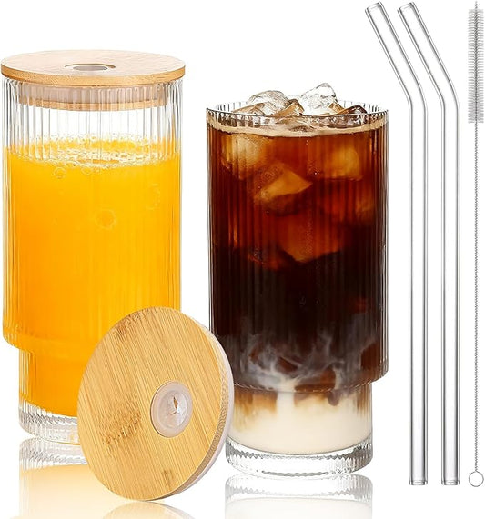 16oz Glass Cups with Lids & Straws, Glass Tumbler with Straw and Lid, Trendy Ribbed Design & Stackable for Iced Coffee/Cold Brew, Perfect for Home/Office by Coffee Lovers & Commuters (16OZ-2PACK)