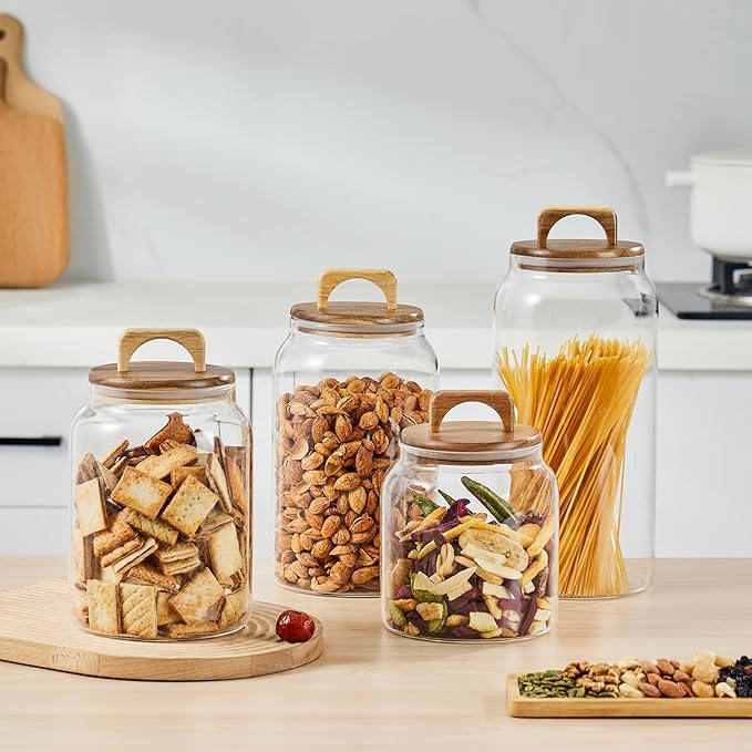 Sweejar Large Glass Candy Jars with Wooden Lids, 1 Gallon Glass Jar with Lid, Sugar/Flour Storage Containers, Big Glass Canisters with Airtight Lid, 1 Pack