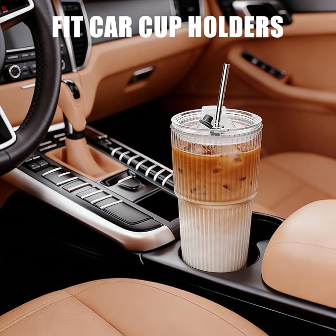HIGIINC 20 oz Glass Tumbler with Straw and Lid Set of 4, Iced Coffee Cups with Lids and Straws,Clear Ribbed Glass Cups Reusable to Go Coffee Tumbler for Matcha, Smoothie, Cocktail,Latte