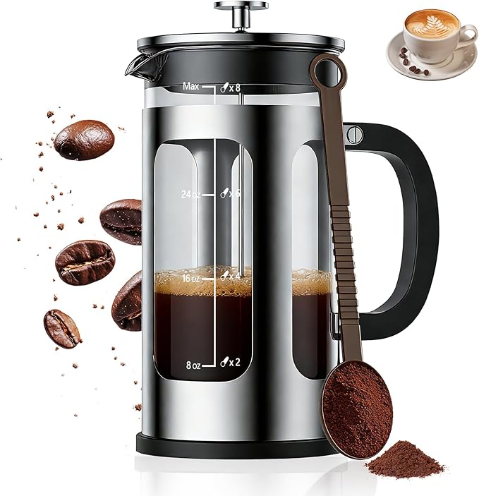 French Press Coffee Maker 34oz, Heat Resistant Thickened Glass Stainless Steel Brewer, No Plastic Touching Cafe, 4-Level Filtration, Cold Brew Cafe/Tea Pot for Kitchen Camping Travel, Gifts, Bar
