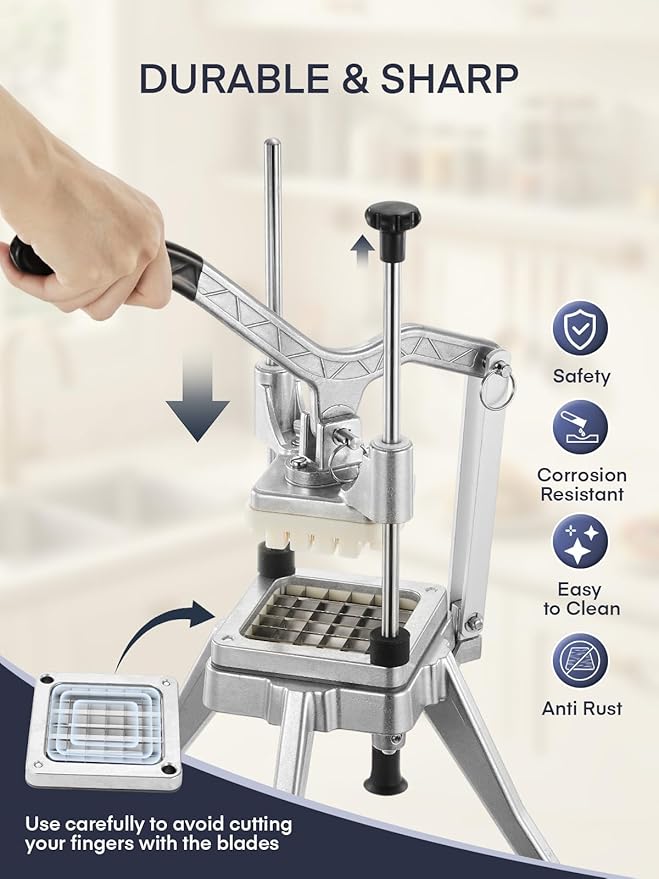 FOHRER Commercial Vegetable Chopper French Fry Cutter – Heavy Duty Potato Dicer with 4 Stainless Steel Blades (1/4", 3/8", 1/2", 6-Wedge) for Restaurant, Food Truck & Commercial Kitchen Prep