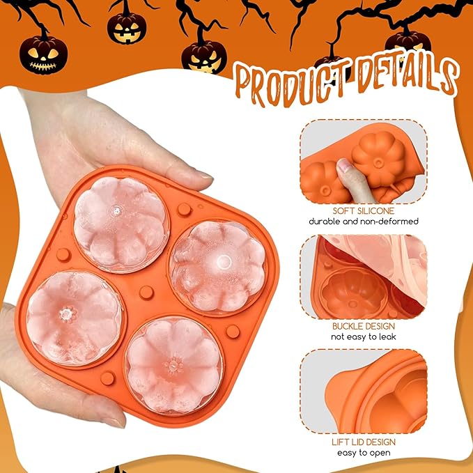 Orange 3D Pumpkin Ice Cube Tray for Freezer, Halloween Pumpkin Ice Cube Mold, Fall Pumpkin Silicone Ice Tray with Lid, Whiskey Cocktail Ice Molds for Autumn Thanksgiving Party, Bar Beverages Decor