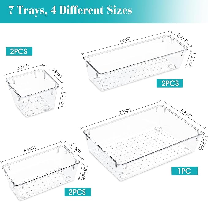 StorMiracle 7 PCS Clear Plastic Drawer Organizers Set, 4 Size Desk Drawer Organizer Trays for Makeup, Jewelry, Kitchen Utensils, Gadgets and Office Accessories