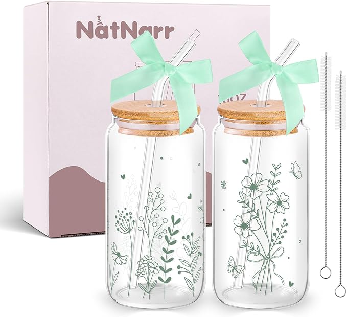 NatNarr 2 Pcs Glass Cups with Lids and Straws, Gifts for Women Sage Green Spring Floral Cute Glasses Cups, Aesthetic Glass Cup for Mothers Day Gifts Girls New Mom Birthday Baby Shower Party Gift