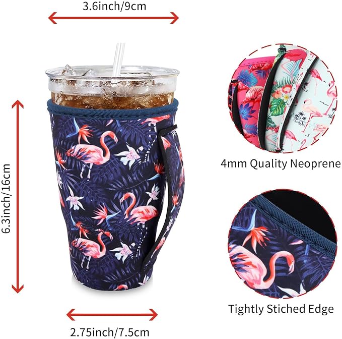 4Pack Reusable Iced Coffee Sleeve Insulator Sleeves for Cold Drinks Beverages, Neoprene Cup Holder for Most Coffee, Fits 30-32oz Large Cups (Flamingo)