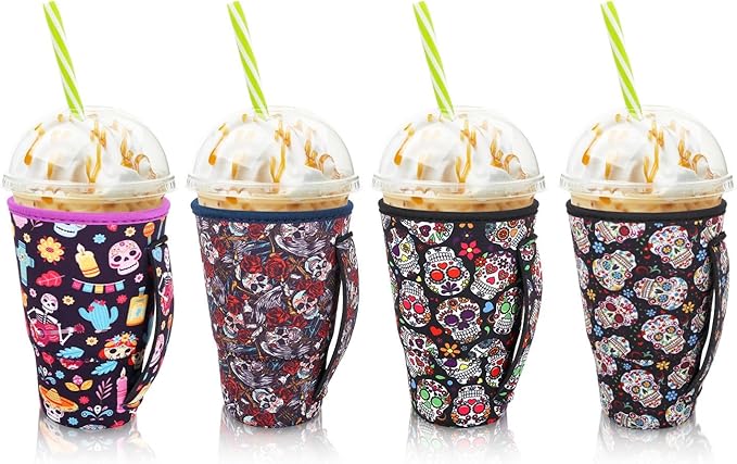 4Pack Reusable Iced Coffee Sleeve Insulator Sleeves for Cold Drinks Beverages, Neoprene Cup Holder for Most Coffee, Fits 30-32oz Large Cups (Sugar Skull)