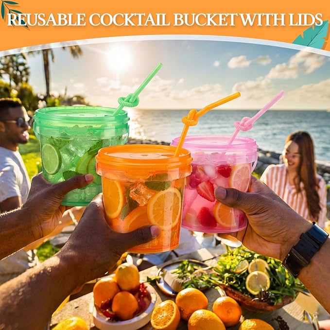 Funnymoom 36 Pack 25 oz Plastic Rum Buckets Bulks for Drinks with Straws Reusable Ice Cream Cocktail Cups Neon Party Bucket with Lids Handles Food Containers Cup for Summer Beach Bar Beer
