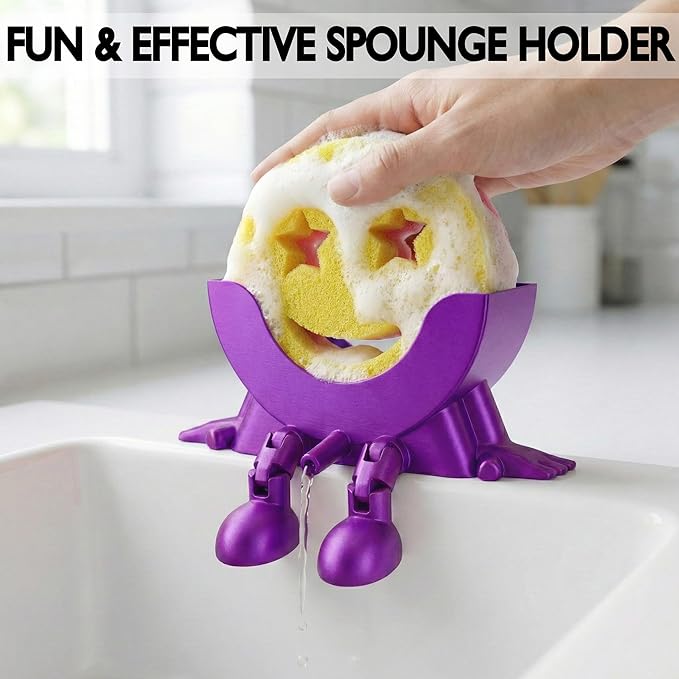 Cute Hanging Sponge Holder with Drainage & Legs, 3D Printed Funny Sink Stand for Round Sponges, Aesthetic Kitchen Sink Edge Organizer, Countertop Decor, Quick-Drying Storage Cleaning Gadget