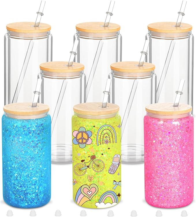 8 Pack 16 Oz Sublimation Snow Globe Tumbler, Snow Globe Cups with Pre Drilled Hole, Double Wall Beer Can Glass Mason Jar Mug with Bamboo Lids and Straws for Snowglobe DIY