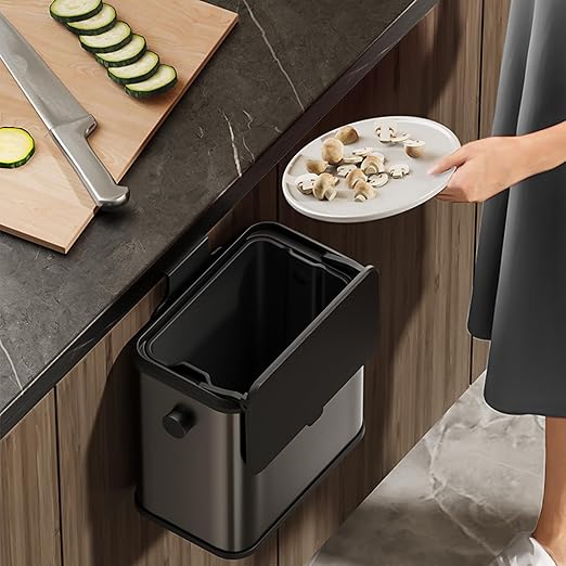 MRBIN Stainless Steel Compost Bin Countertop with Lid, Hanging Trash Can for Kitchen Cabinet Door, Indoor Recycle Basket Food Waste Scrap Dustbin for Kitchen Under Sink with Inner Bucket