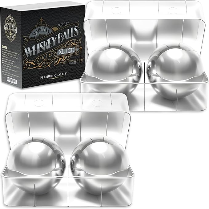 4 Premium XXL 55mm Stainless Steel Ice Whiskey Balls with Freezer Tray| Whiskey Rocks, Chilling Stones, Whiskey Stone Ice Cube Balls, Round Chilling Spheres (Not Solid Steel)