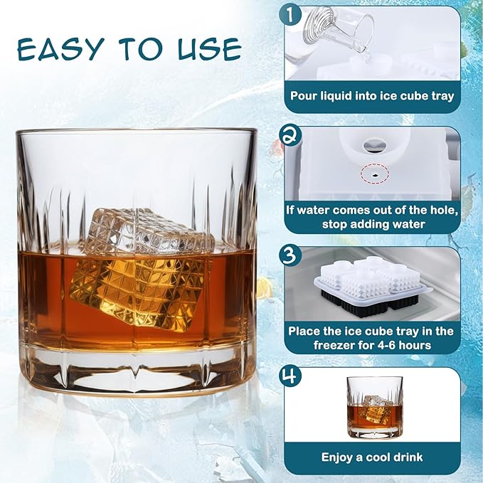 Hoolerry 2 Pcs 3D Golf Gifts Ball Ice Maker Mold 2.2" Large Square Sphere Silicone Ice Cube Tray 4 Hole Fun Shapes Big Ices Cube Mold with Funnel for Whiskey Cocktails Bourbon Chilling